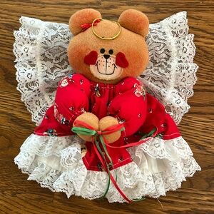 Handmade antique bear angel, for treetop or for hanging, lace, red design dress,